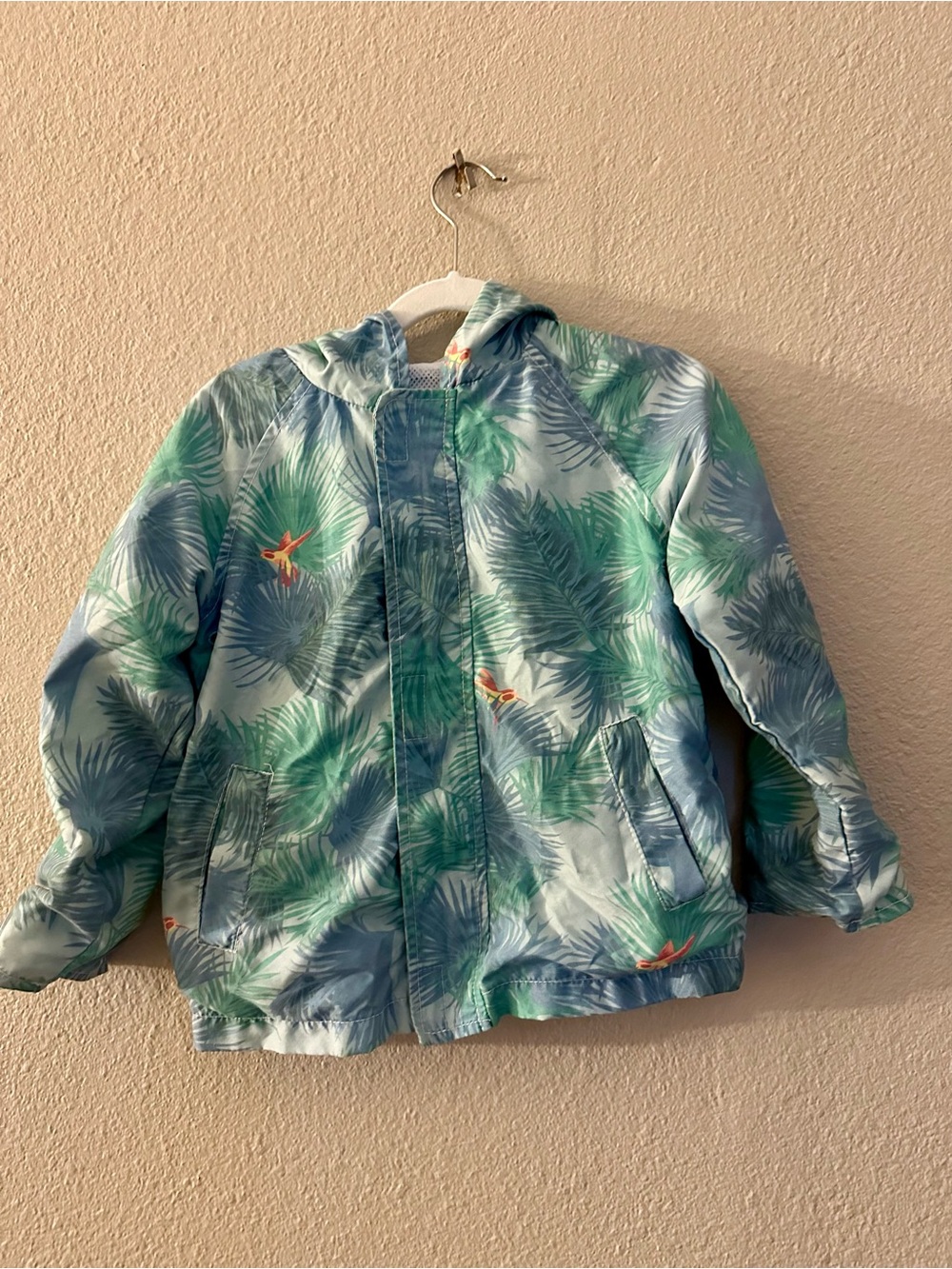 Kid’s Tropical Leaf Print Hooded Windbreaker Jacket - Blue & Green - Size 4